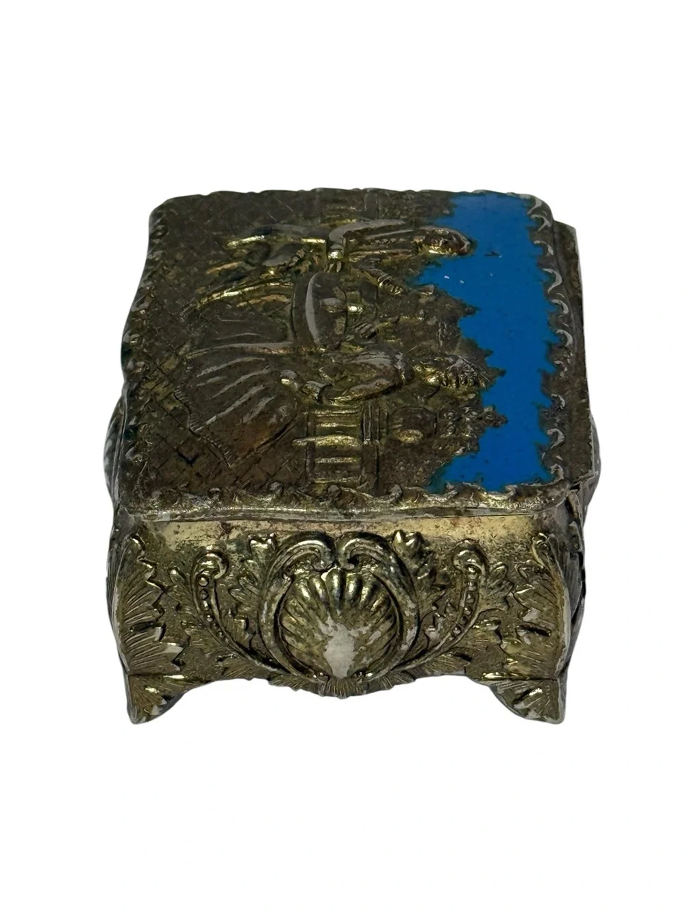 Vintage Repousse Metal Enamel Trinket Jewelry Box Courting Couple Made in Japan